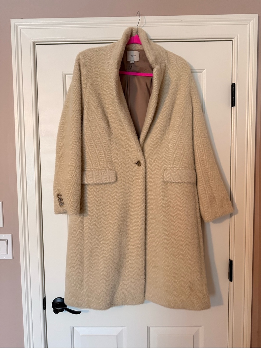 LOFT Beige Wool-Blend Single-Button Long Pea Coat